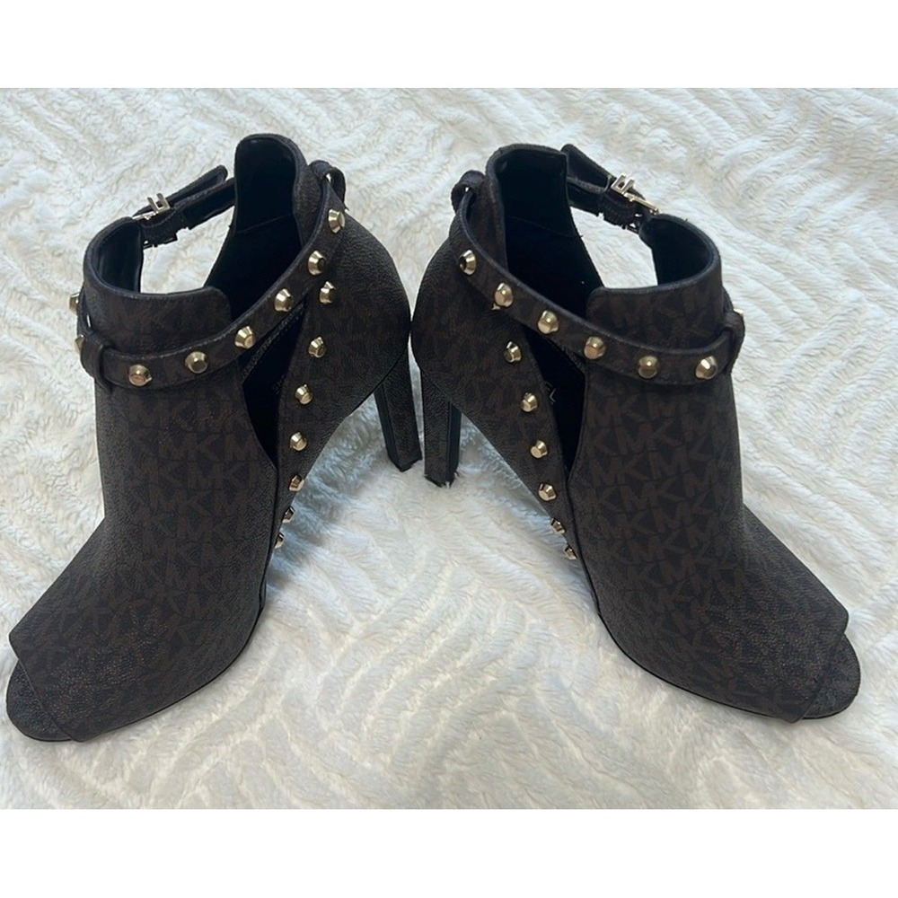 Michael Kors Logo Lawson Studded Heels – Brown Peep Toe Booties – Size 9M - Picture 6 of 12